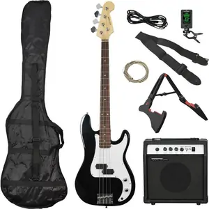 3Rd Avenue Full Size 4/4 Electric Bass Guitar Bundle - Black, Black