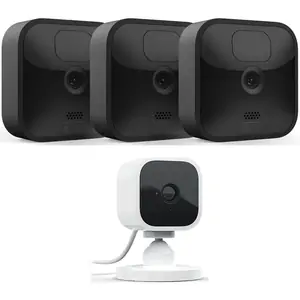 Amazon Blink Outdoor HD 1080p WiFi Security 3 Camera System & Blink Mini Full HD 1080p WiFi Plug-In Security Camera Bundle, Black