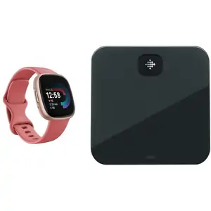 Fitbit Versa 4 Smart Watch & Aria Air Smart Scale Bundle - Pink Sand & Black, Pink