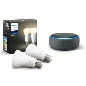 Philips Hue White Bluetooth LED E27 Bulb Twin Pack & Amazon Echo Dot (2018) - Charcoal, White