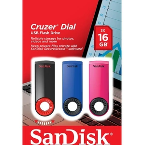 SANDISK Cruzer Dial USB 2.0 Memory Stick - 16 GB, Pack of 3, Blue,Pink,Black