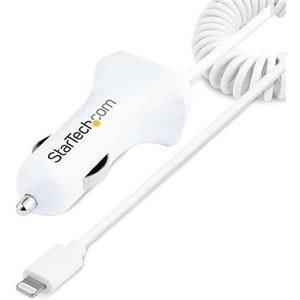 StarTech.com Lightning Car Charger with Coiled Cable 1m Coiled Lightning Cable 12W White 2 Port USB Car Charger Adapter for Phones and Tablets Dual USB In Car iPhone Charger Auto Cigar lighter 5 V 1 m White