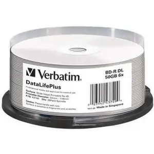 Verbatim DataLifePlus. Type: BD-R Native capacity: 50 GB Optical disc diameter: 120 mm. BD-R write speed: 6x. Quantity per pack: 25 pc(s) Package type: spindle